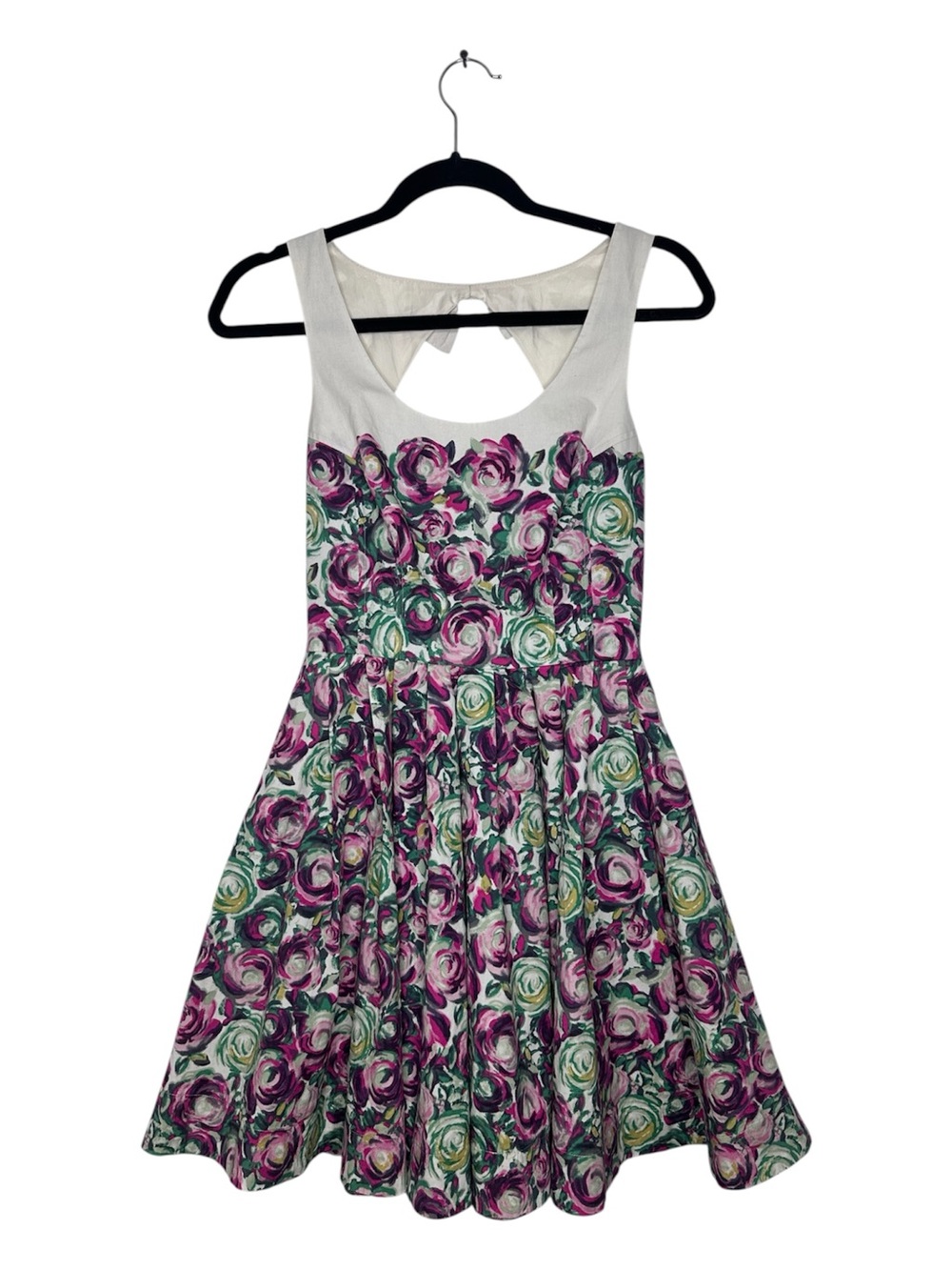 Vintage LC Lauren Conrad Purple and Green Floral Cut Out Back Bow Detail Dress